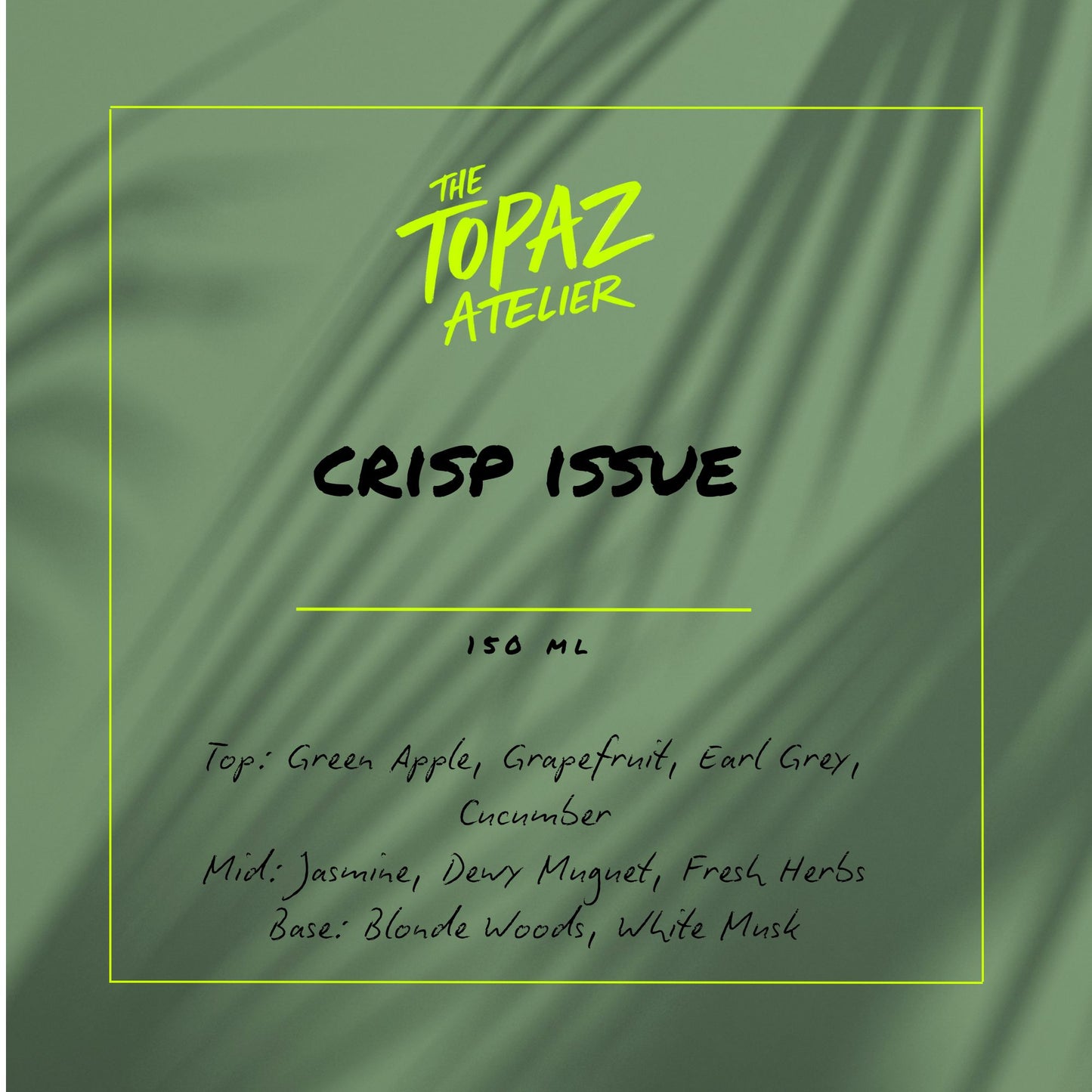 Product label for 'Crisp Issue' by The Topaz Atelier with green background and text.