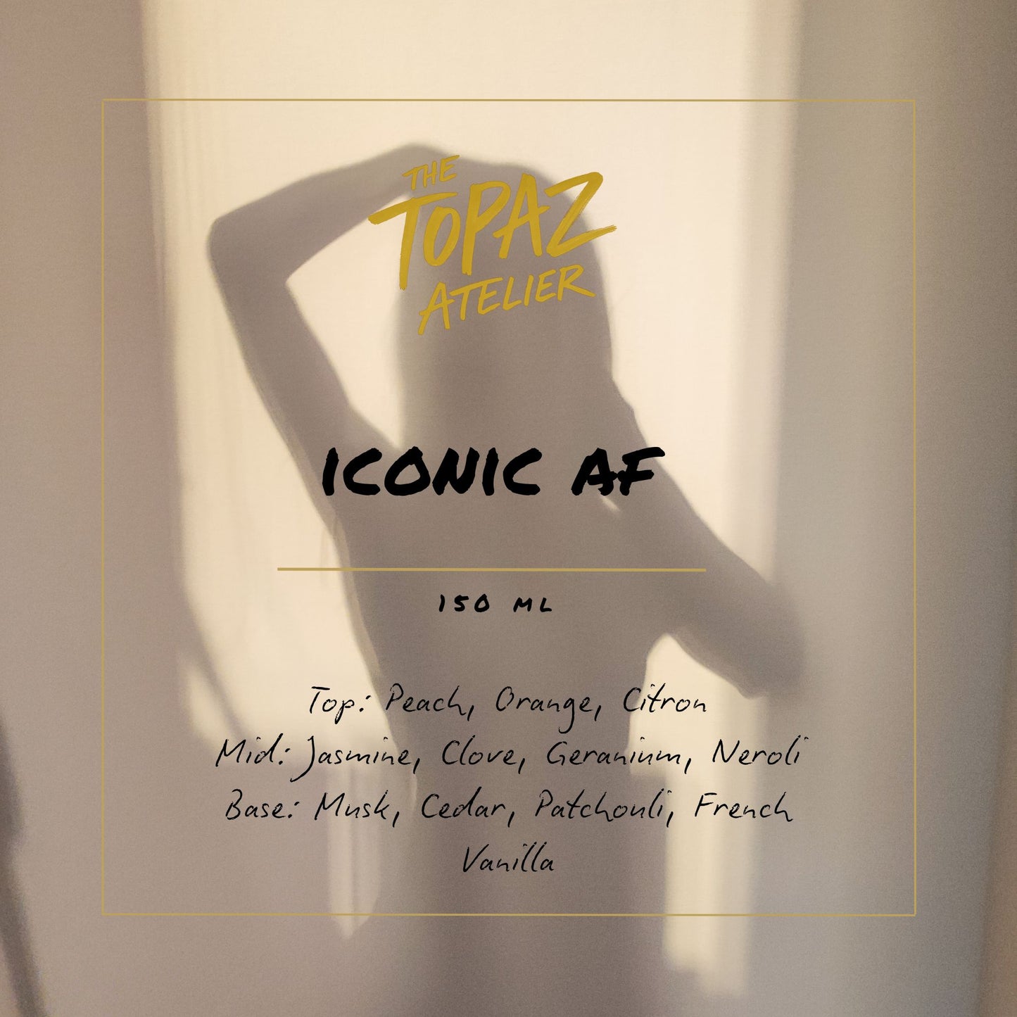 Product label for 'Iconic AF' by Topaz Atelier with a silhouette of a person against a neutral background.