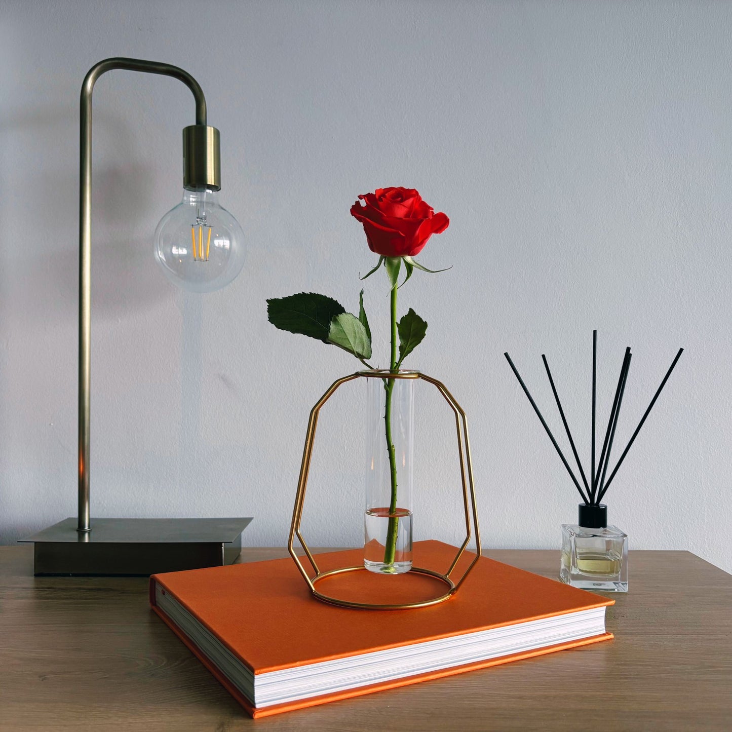 Red rose in a geometric vase on an orange book with a lamp and diffuser in the background.
