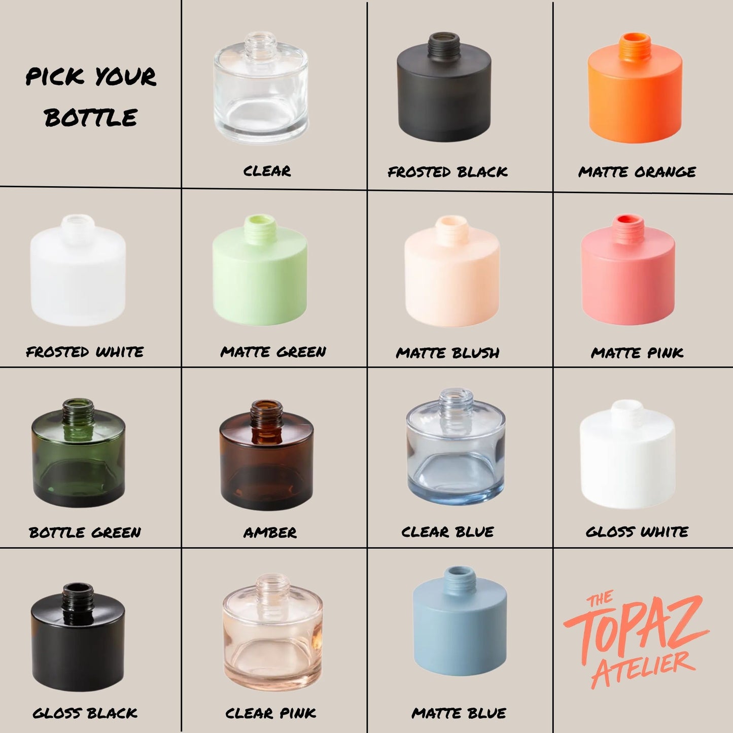 Collection of bottle tops in various colors with 'The Topaz Atelier' branding.