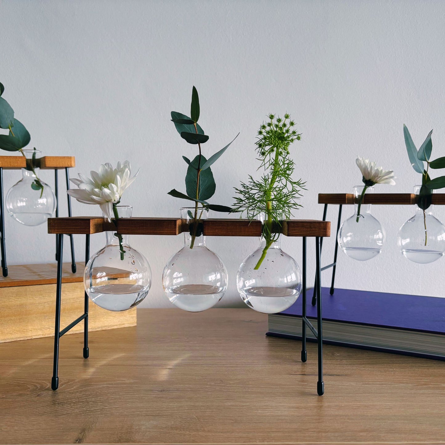 Hanging glass vases with plants on a wooden stand against a white wall.