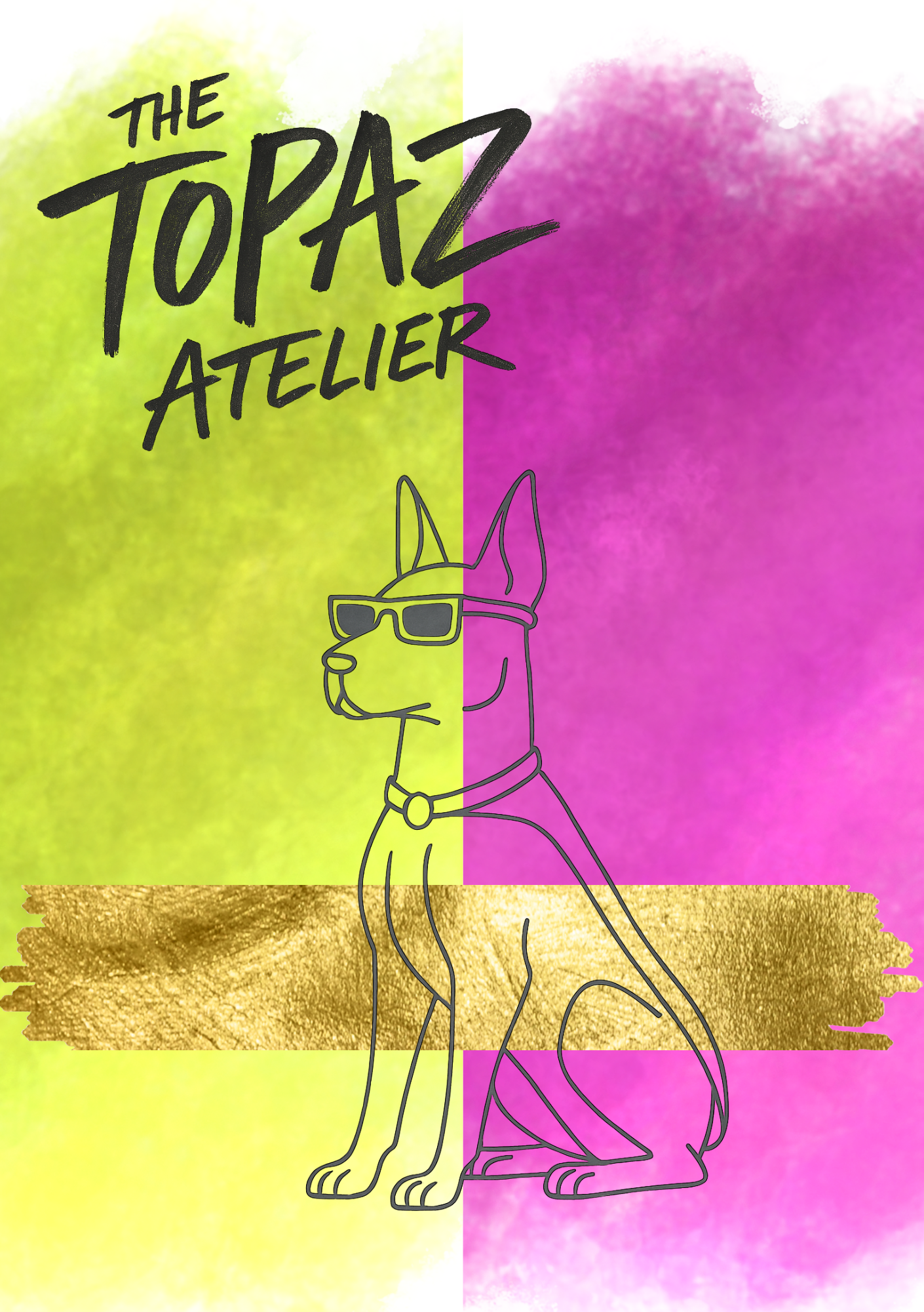 Logo of The Topaz Atelier with a dog illustration on a colorful background